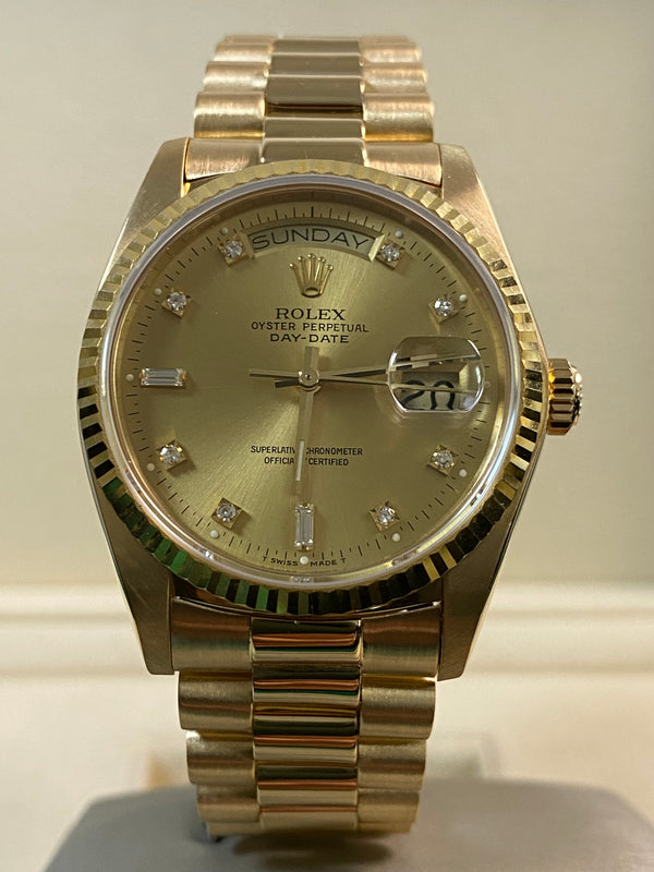 Rolex Yellow Gold Day-Date 36 - 1980 - Fluted Bezel - Factory Diamond Dial - President Bracelet - 18038 *Rolex Service Card*