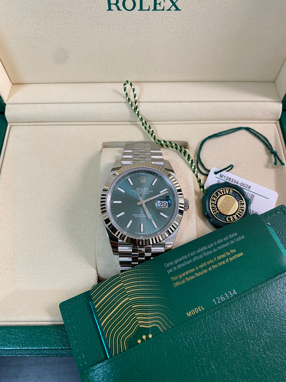 Rolex Steel Datejust 41 - 2025 - Fluted Bezel - Mint Green Dial - Jubilee Bracelet - 126334 *FULL SET*