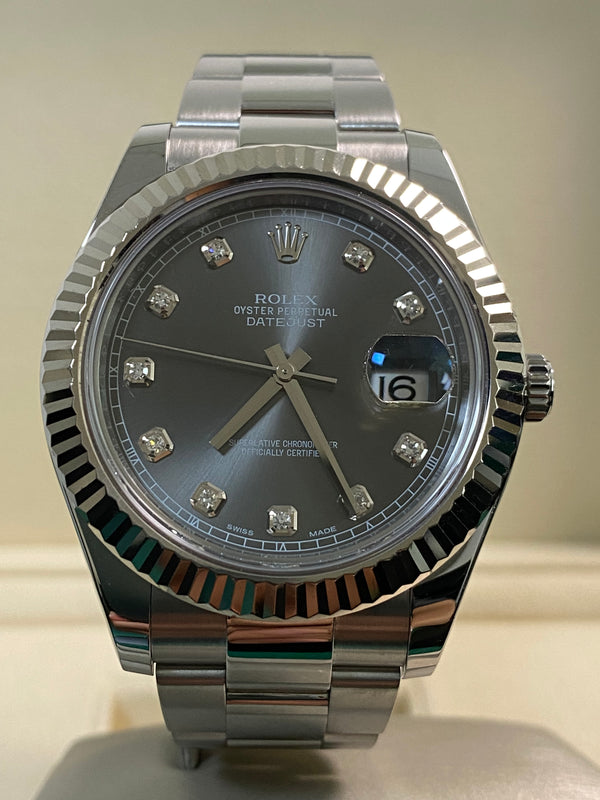 Rolex Steel Datejust II - 2016 - Fluted Bezel - Rhodium Diamond Dial - Oyster Bracelet - 116334 *FULL SET*