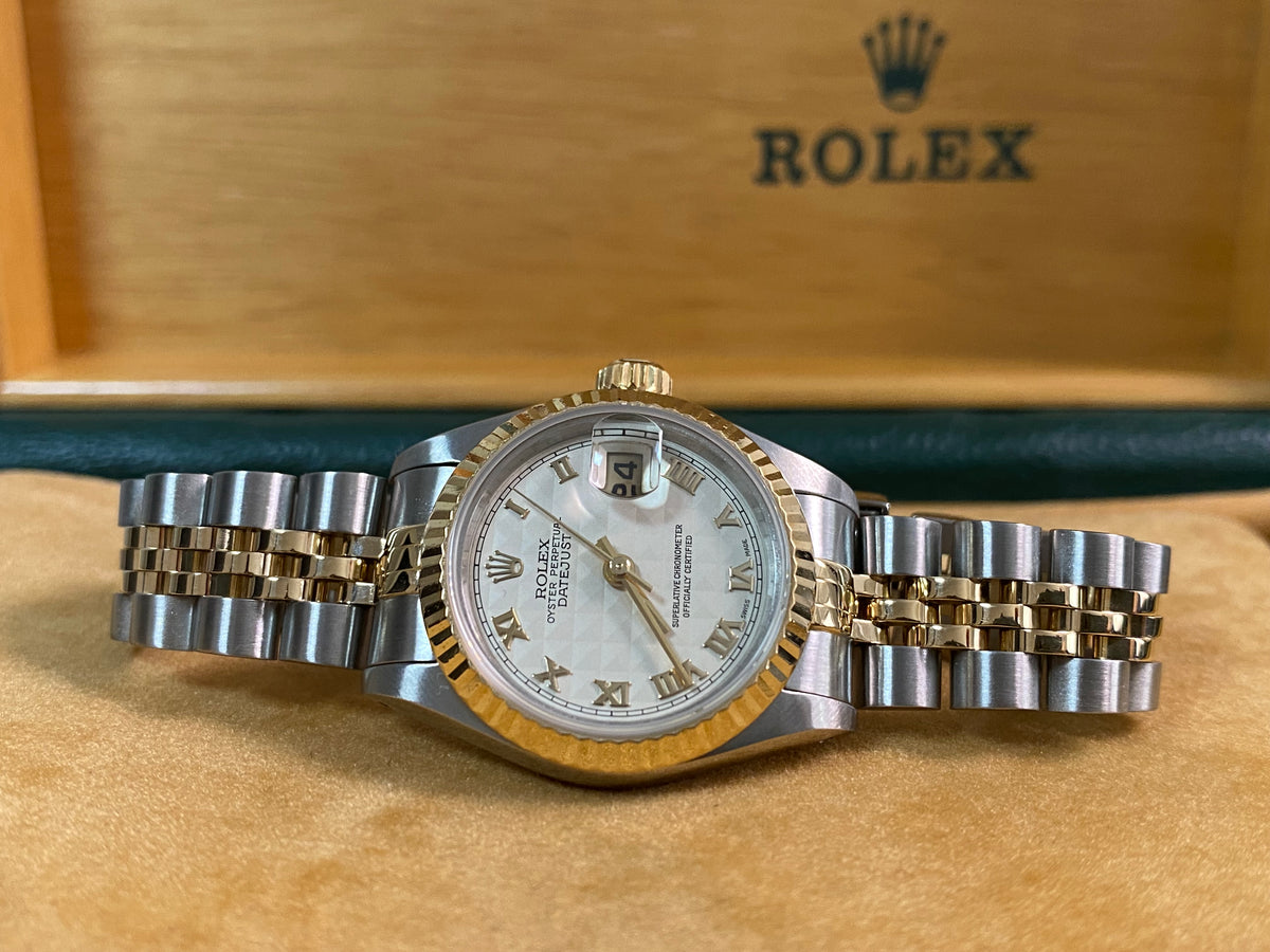 Rolex Steel & Yellow Gold Lady-Datejust - E serial - Fluted Bezel - Ivory Pyramid Roman Dial - Jubilee Bracelet - 69173 *FULL SET*