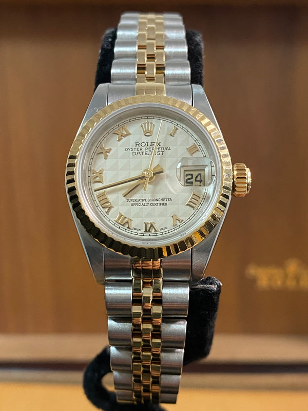 Rolex Steel & Yellow Gold Lady-Datejust - E serial - Fluted Bezel - Ivory Pyramid Roman Dial - Jubilee Bracelet - 69173 *FULL SET*