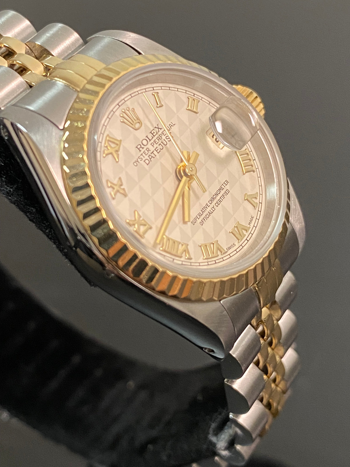 Rolex Steel & Yellow Gold Lady-Datejust - E serial - Fluted Bezel - Ivory Pyramid Roman Dial - Jubilee Bracelet - 69173 *FULL SET*