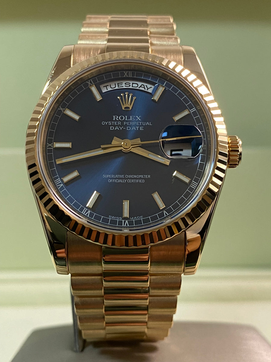 Rolex Yellow Gold Day-Date 36 - M serial - Fluted Bezel - Blue Index Dial - President Bracelet - 118238