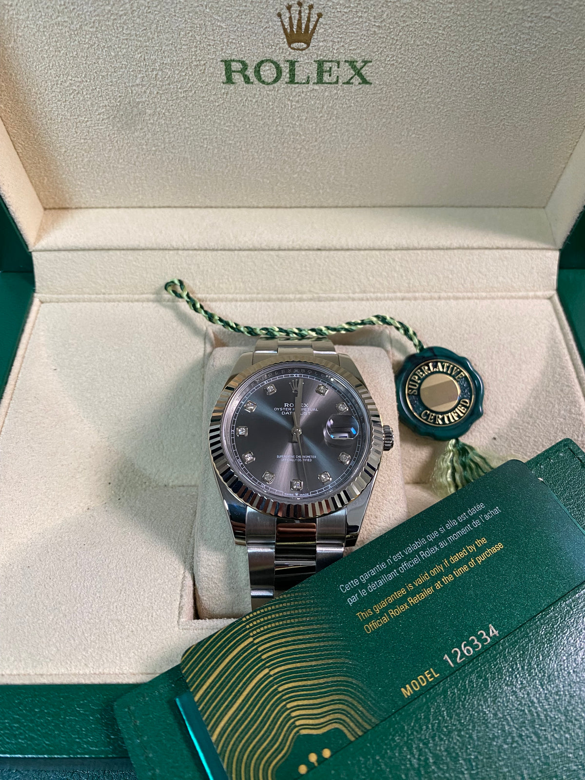Rolex Steel Datejust 41 - 2023 - Fluted Bezel - Rhodium Diamond Dial - Oyster Bracelet - 126334 *FULL SET*