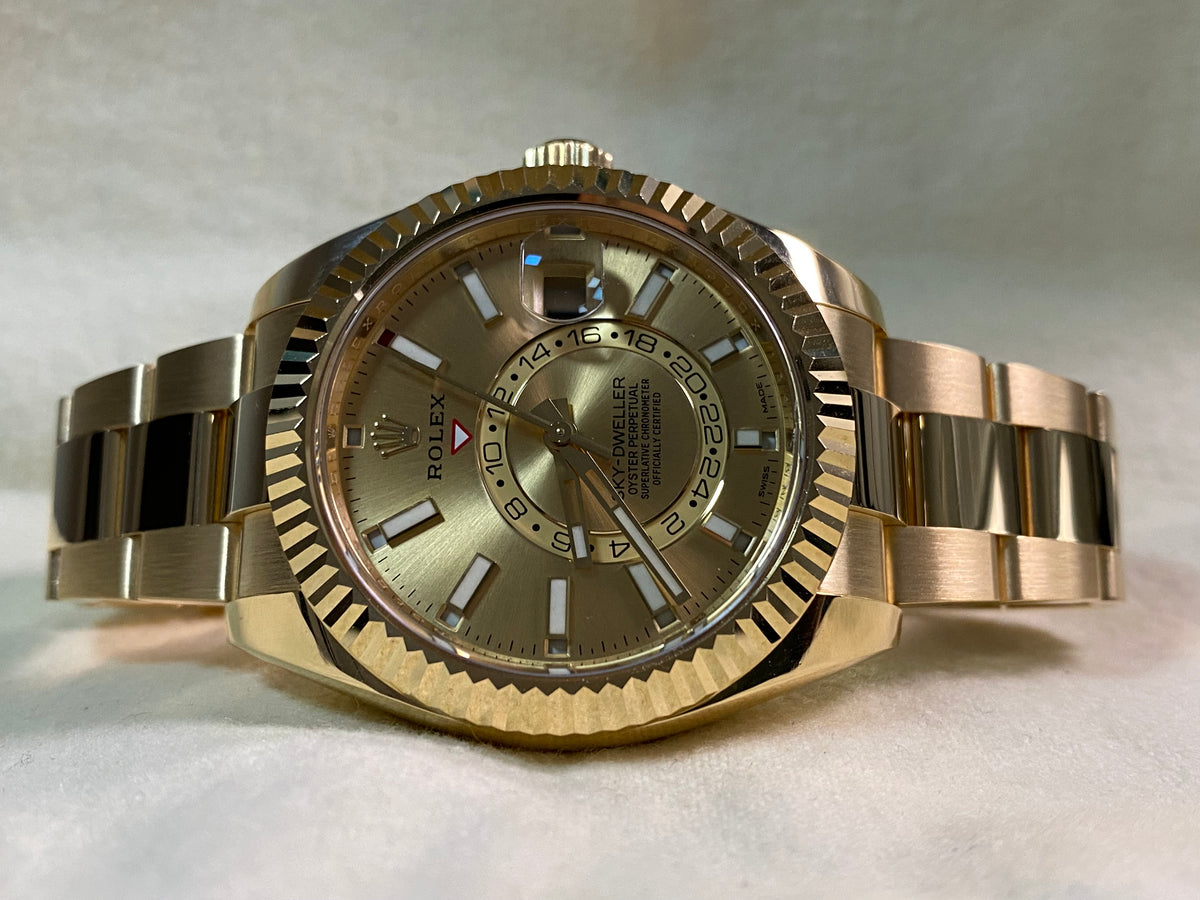 Rolex Yellow Gold Sky-Dweller - 2021 - Fluted Bezel - Champagne Index Dial - Oyster Bracelet - 326938 *FULL SET*