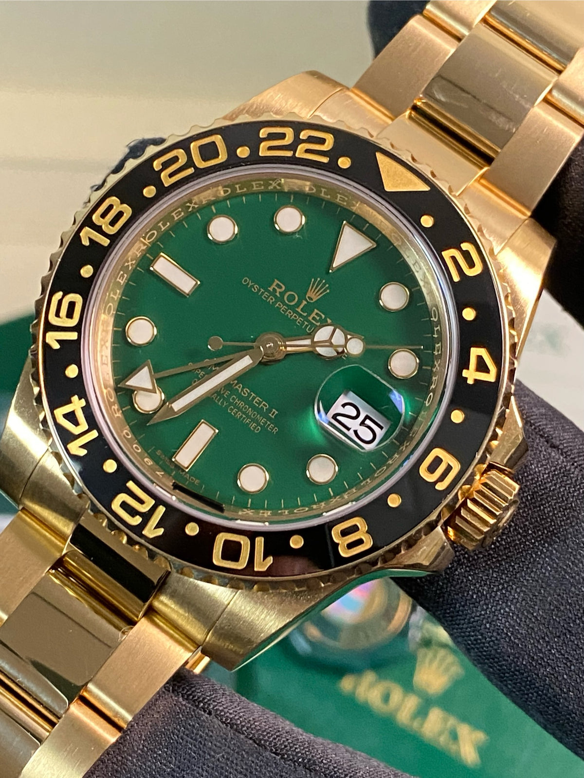 Rolex Yellow Gold GMT-Master II - 2017 - Black Bezel - Anniversary Green Dial - Oyster Bracelet - 116718LN *FULL SET*