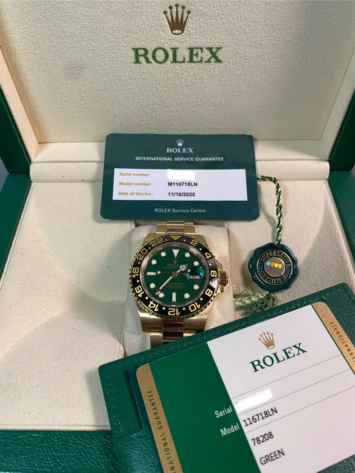 Rolex Yellow Gold GMT-Master II - 2017 - Black Bezel - Anniversary Green Dial - Oyster Bracelet - 116718LN *FULL SET*