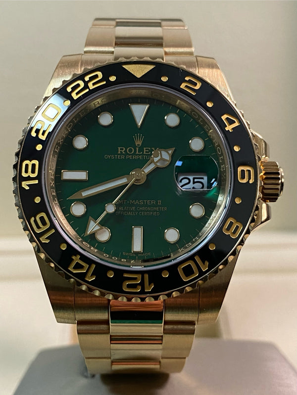 Rolex Yellow Gold GMT-Master II - 2017 - Black Bezel - Anniversary Green Dial - Oyster Bracelet - 116718LN *FULL SET*