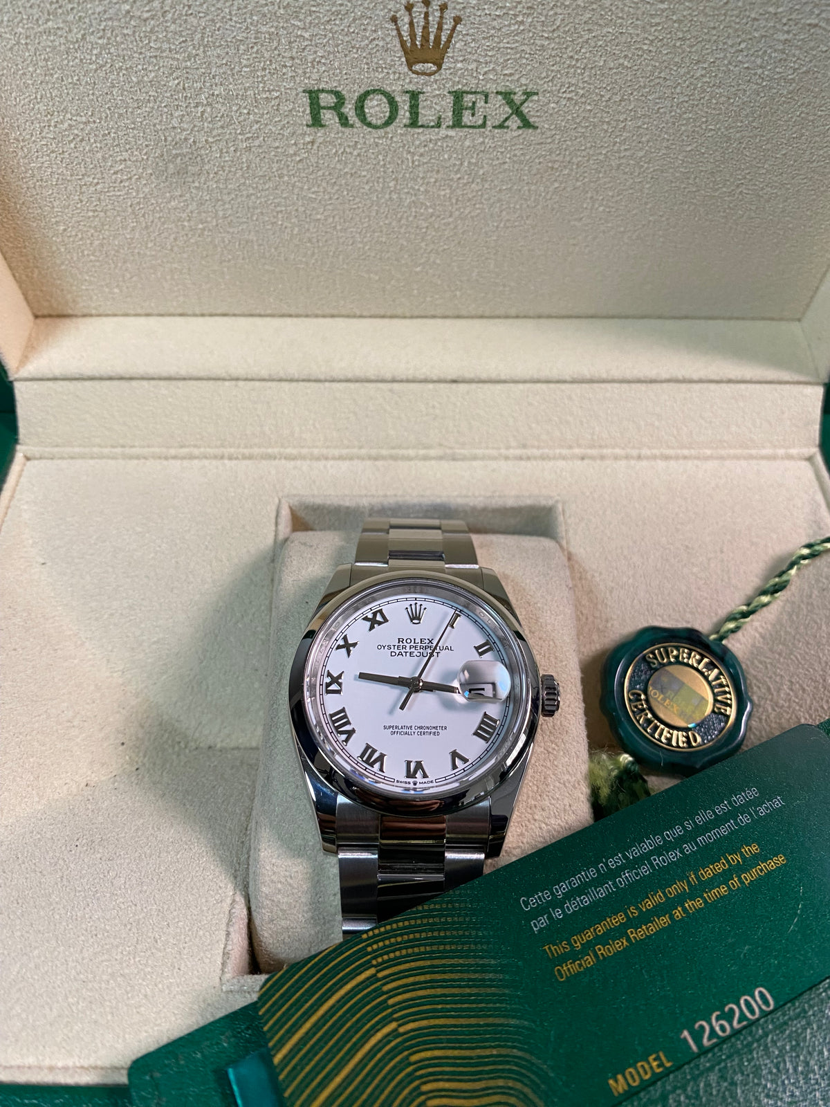 Rolex Steel Datejust 36 - 2023 - Domed Bezel - White Roman Dial - Oyster Bracelet - 126200 *FULL SET*