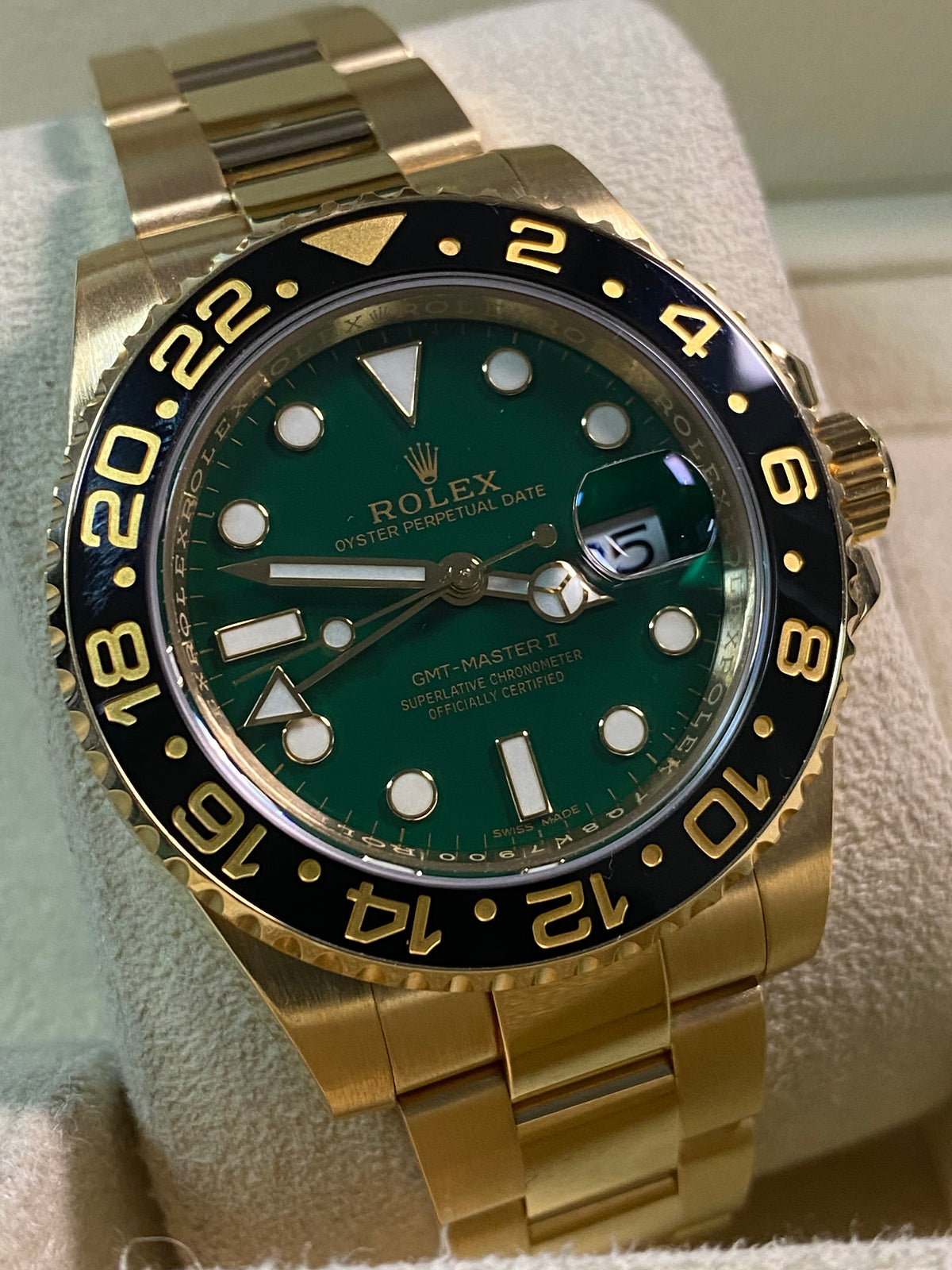 Rolex Yellow Gold GMT-Master II - 2017 - Black Bezel - Anniversary Green Dial - Oyster Bracelet - 116718LN *FULL SET*