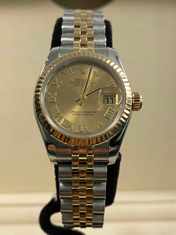 Rolex Steel & Yellow Gold Lady-Datejust - 2014 - Champagne Roman Dial - Jubilee Bracelet - 179173 *FULL SET*