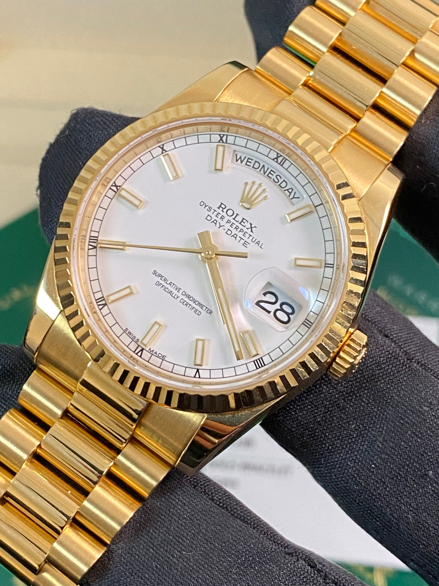 Rolex Yellow Gold Day-Date 36 - 2017 - Fluted Bezel - White Index Dial - President Bracelet - 118238 *UNPOLISHED*