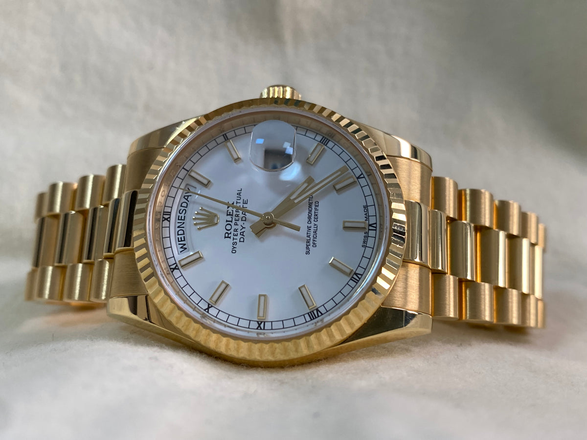 Rolex Yellow Gold Day-Date 36 - 2017 - Fluted Bezel - White Index Dial - President Bracelet - 118238 *UNPOLISHED*