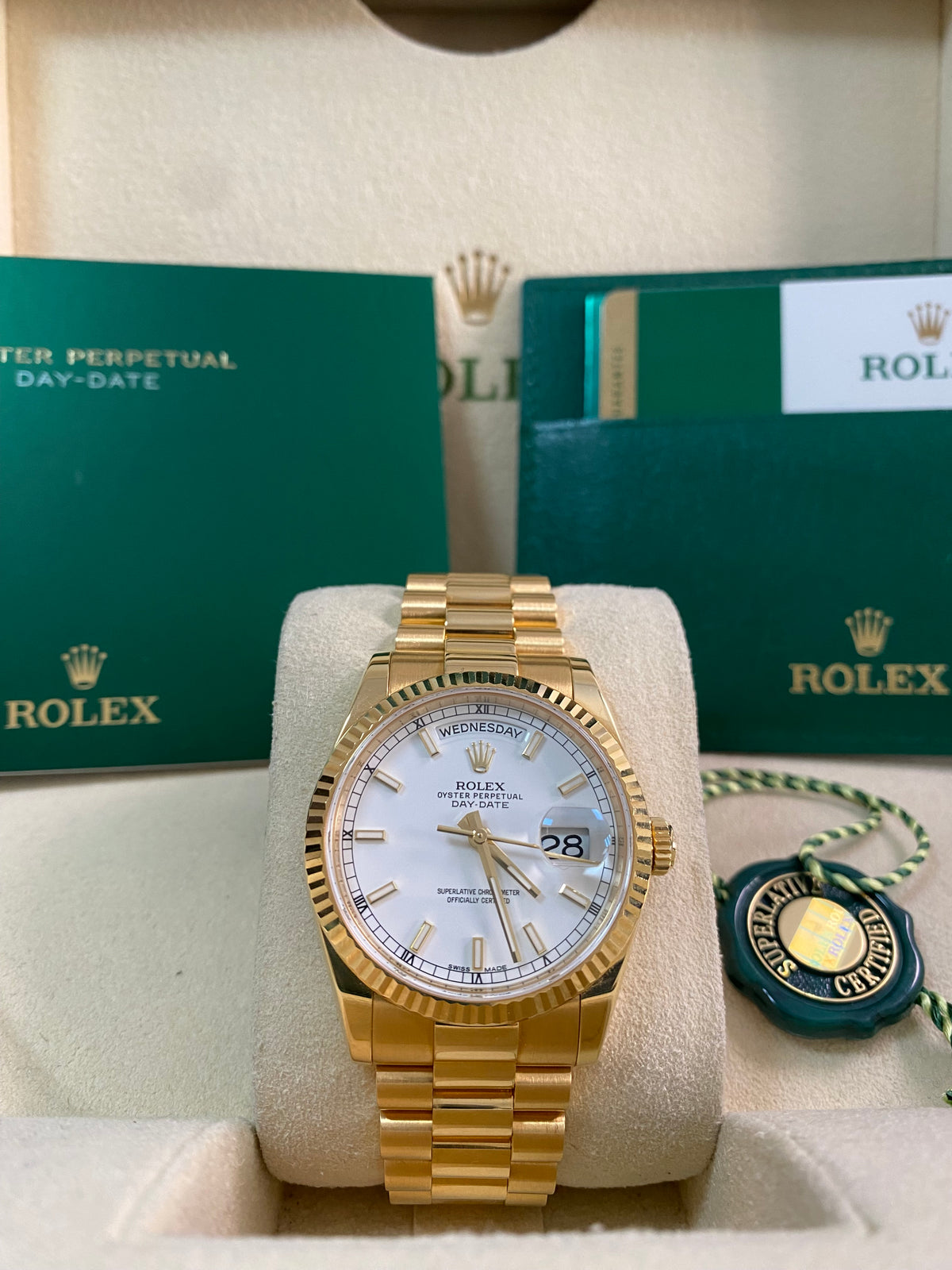 Rolex Yellow Gold Day-Date 36 - 2017 - Fluted Bezel - White Index Dial - President Bracelet - 118238 *UNPOLISHED*