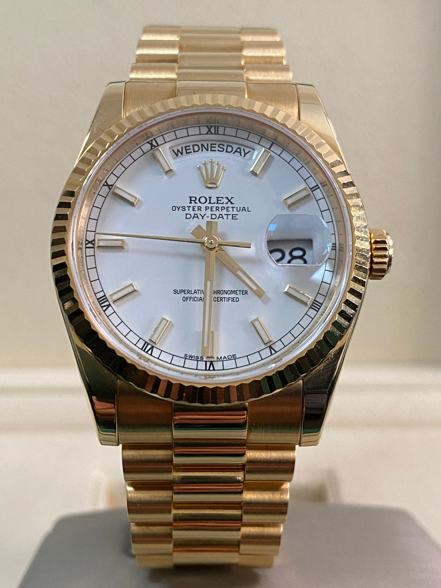 Rolex Yellow Gold Day-Date 36 - 2017 - Fluted Bezel - White Index Dial - President Bracelet - 118238 *UNPOLISHED*