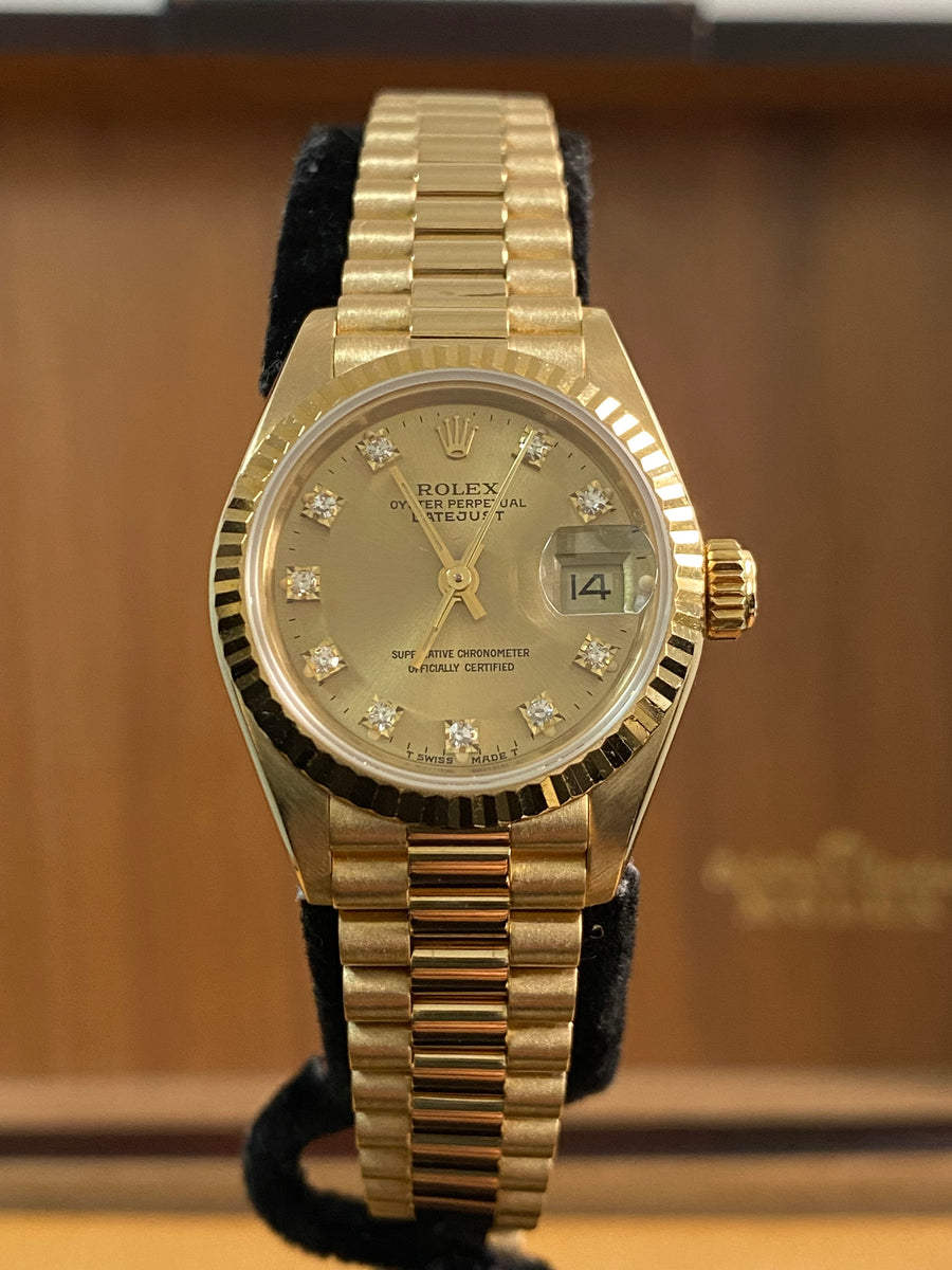 Rolex Yellow Gold Lady-Datejust - R serial - Fluted Bezel - Champagne Diamond Dial - President Bracelet - 69178 *FULL SET*