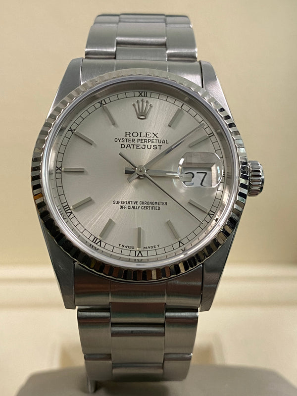 Rolex Steel Datejust 36 - 1993 - Fluted Bezel - Silver Index Dial - Oyster Bracelet - 16234