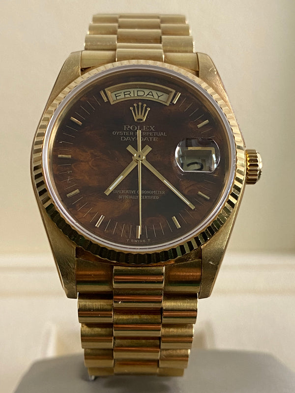 Rolex Yellow Gold Day-Date 36 - 1987 - Wood Dial - President Bracelet - 18038 *FULL SET*