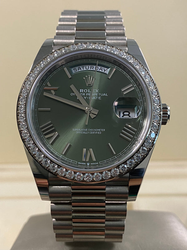 Rolex Day-Date 40 - 2025 -Diamond-Set Bezel - Olive Green Dial - President Bracelet - 228349RBR *FULL SET*