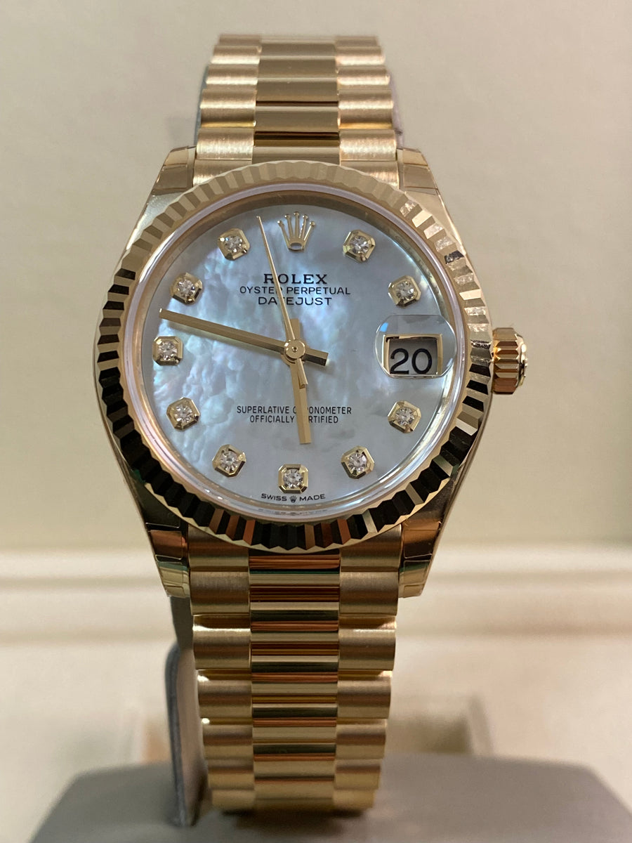 Rolex Yellow Gold Datejust 31 - 2025 - Fluted Bezel - Mother-of-Pearl Diamond Dial - President Bracelet - 278278 *FULL STICKERS*