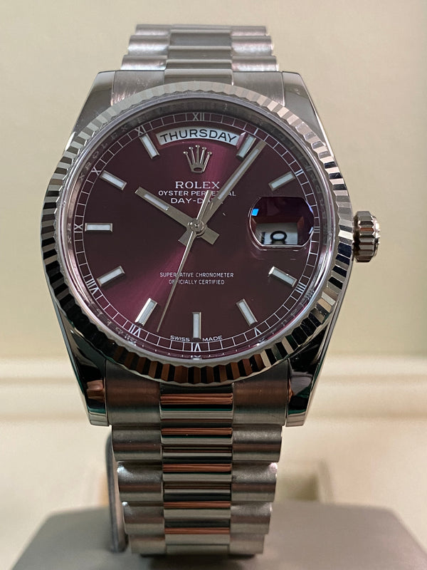 Rolex White Gold Day-Date 36 - 2016 - Fluted Bezel - Cherry Dial - President Bracelet - 118239 *FULL SET*
