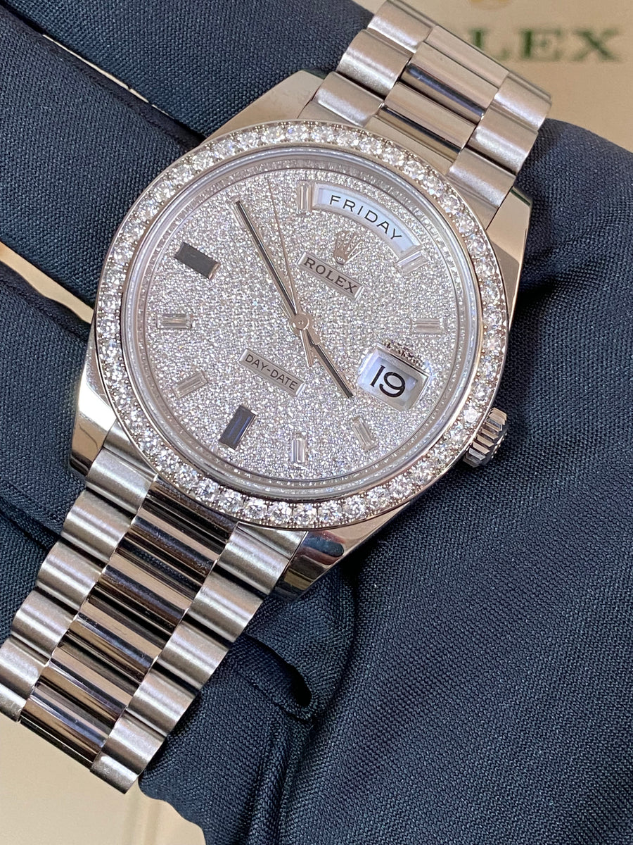 Rolex White Gold Day-Date 40 - 2023 - Diamond Bezel - Paved Diamond Baguette Dial - President Bracelet - 228349RBR