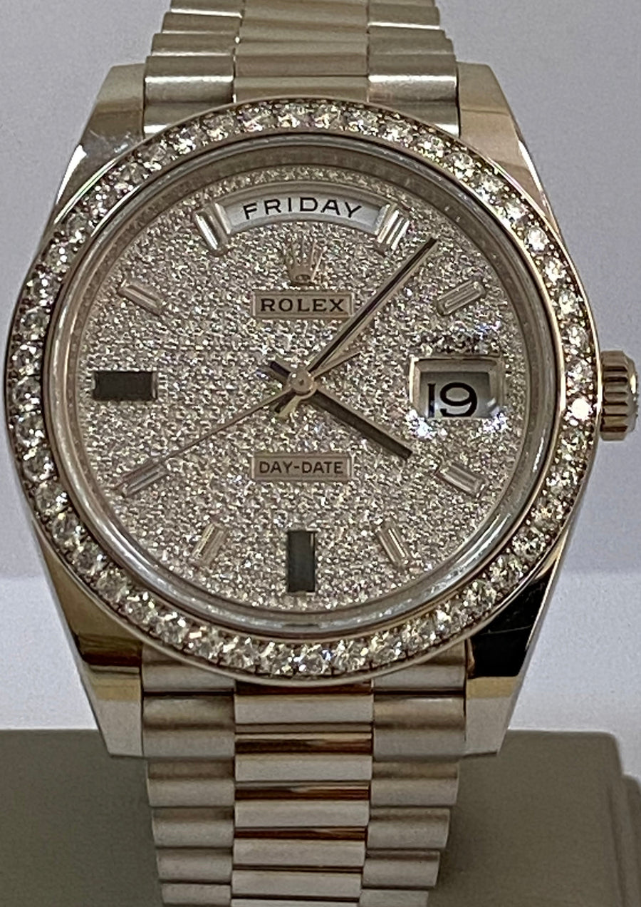 Rolex White Gold Day-Date 40 - 2023 - Diamond Bezel - Paved Diamond Baguette Dial - President Bracelet - 228349RBR