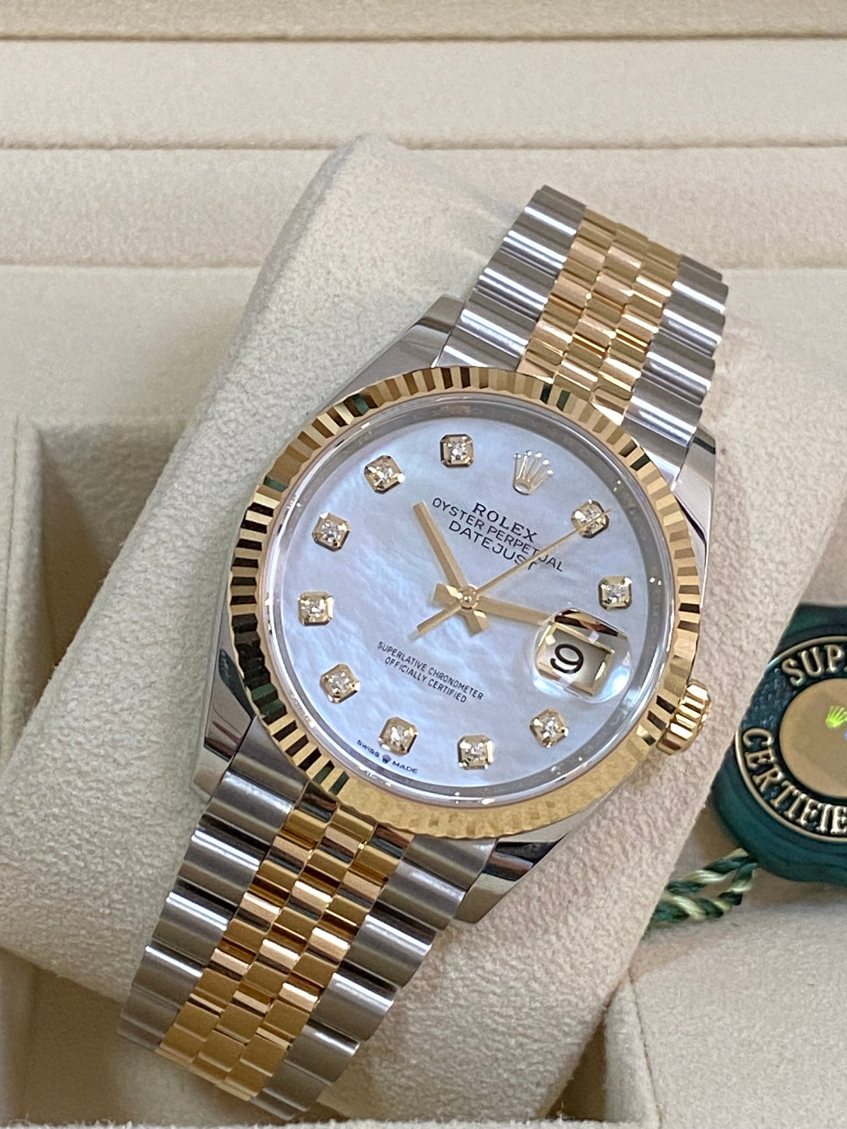 Rolex Steel and Yellow Gold Datejust 36 - 2023 - Fluted Bezel - White Mother-Of-Pearl Diamond-Set Dial - Jubilee Bracelet - 126233