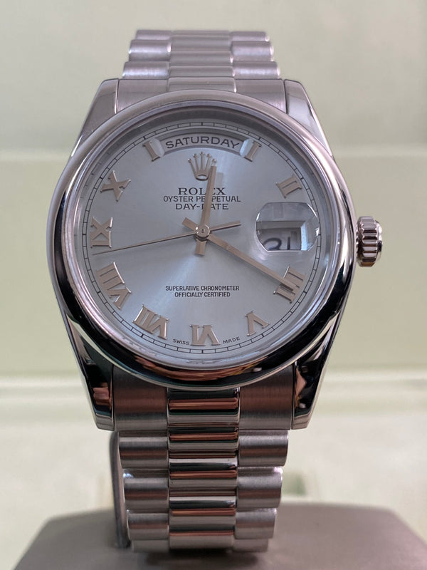 Rolex Platinum Day-Date 36 - K serial - Domed Bezel - Ice Blue Glacier Dial - President Bracelet - 118206 *FULL SET*