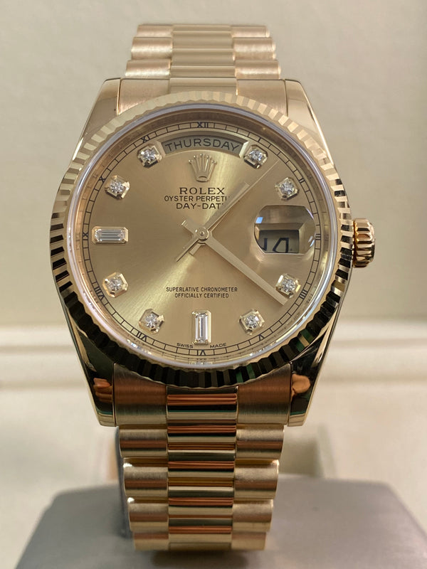 Rolex Yellow Gold Day-Date 36 - 2018 - Fluted Bezel - Champagne Diamond Dial - President Bracelet - 118238 *FULL SET*