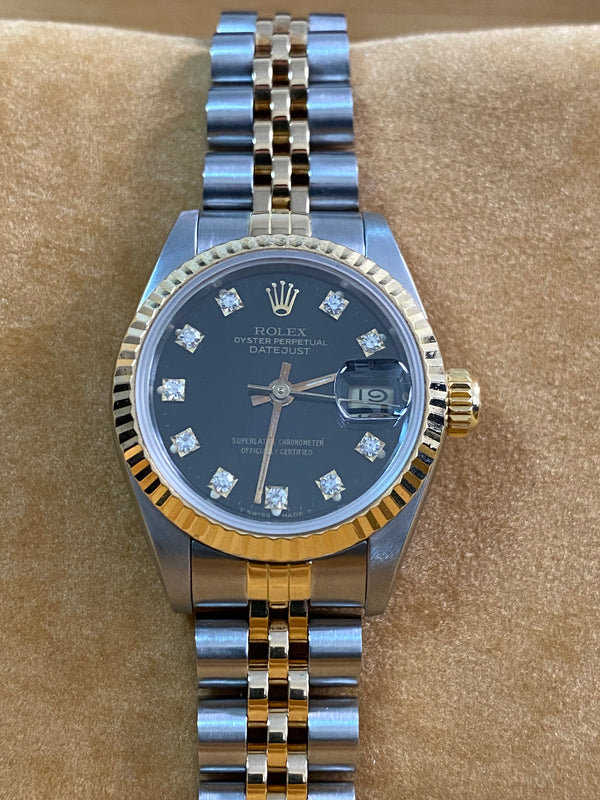 Rolex Steel & Yellow Gold Lady-Datejust - 1987 - Fluted Bezel - Black Diamond Dial - Jubilee Bracelet - 69173