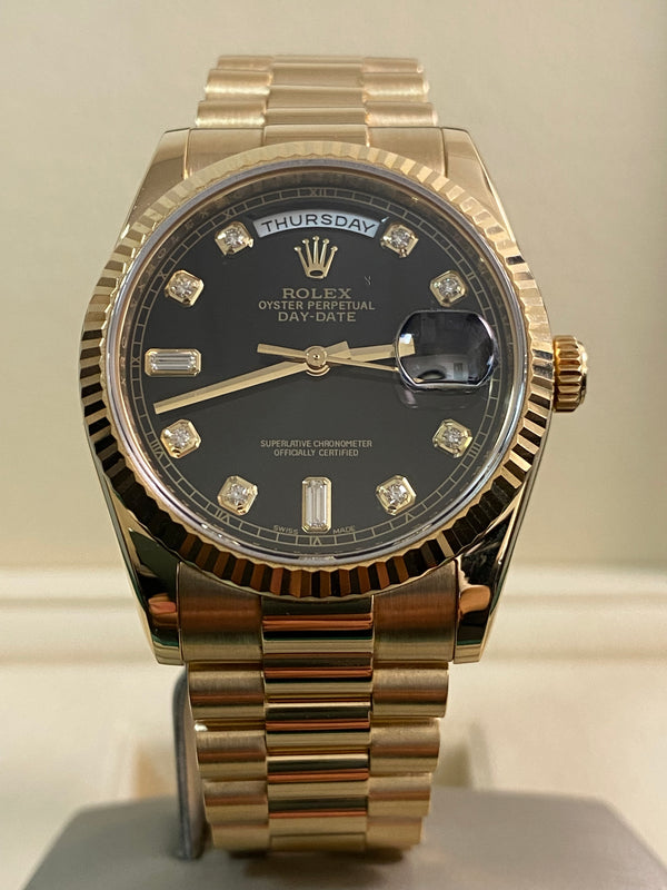 Rolex Yellow Gold Day-Date 36 - 2011 - Fluted Bezel - Black Diamond Dial - President Bracelet - 118238 *FULL SET*