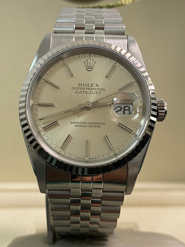 Rolex Steel Datejust 36 - W serial - Fluted Bezel - Silver Index Dial - Jubilee Bracelet - 16234 *No Holes Case*