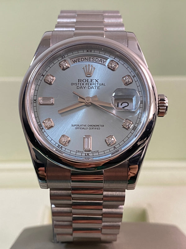 Rolex Platinum Day-Date 36 - 2013 - Domed Bezel - Ice Blue Glacier Diamond Dial - President Bracelet - 118206 *FULL SET*