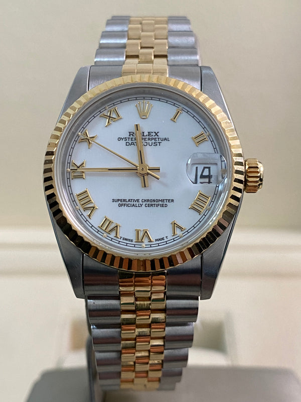 Rolex Steel & Yellow Gold Datejust 31 - W serial - Fluted Bezel - White Roman Dial - Jubilee Bracelet - 68273 *FULL SET*