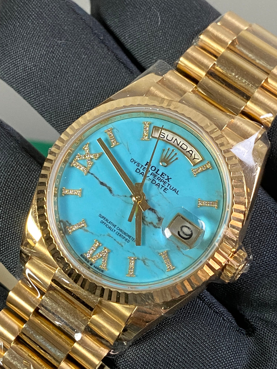 Rolex Yellow Gold Day-Date 36 - 2023 - Turquoise Diamond-Set Dial - Fluted Bezel - President Bracelet - 128238