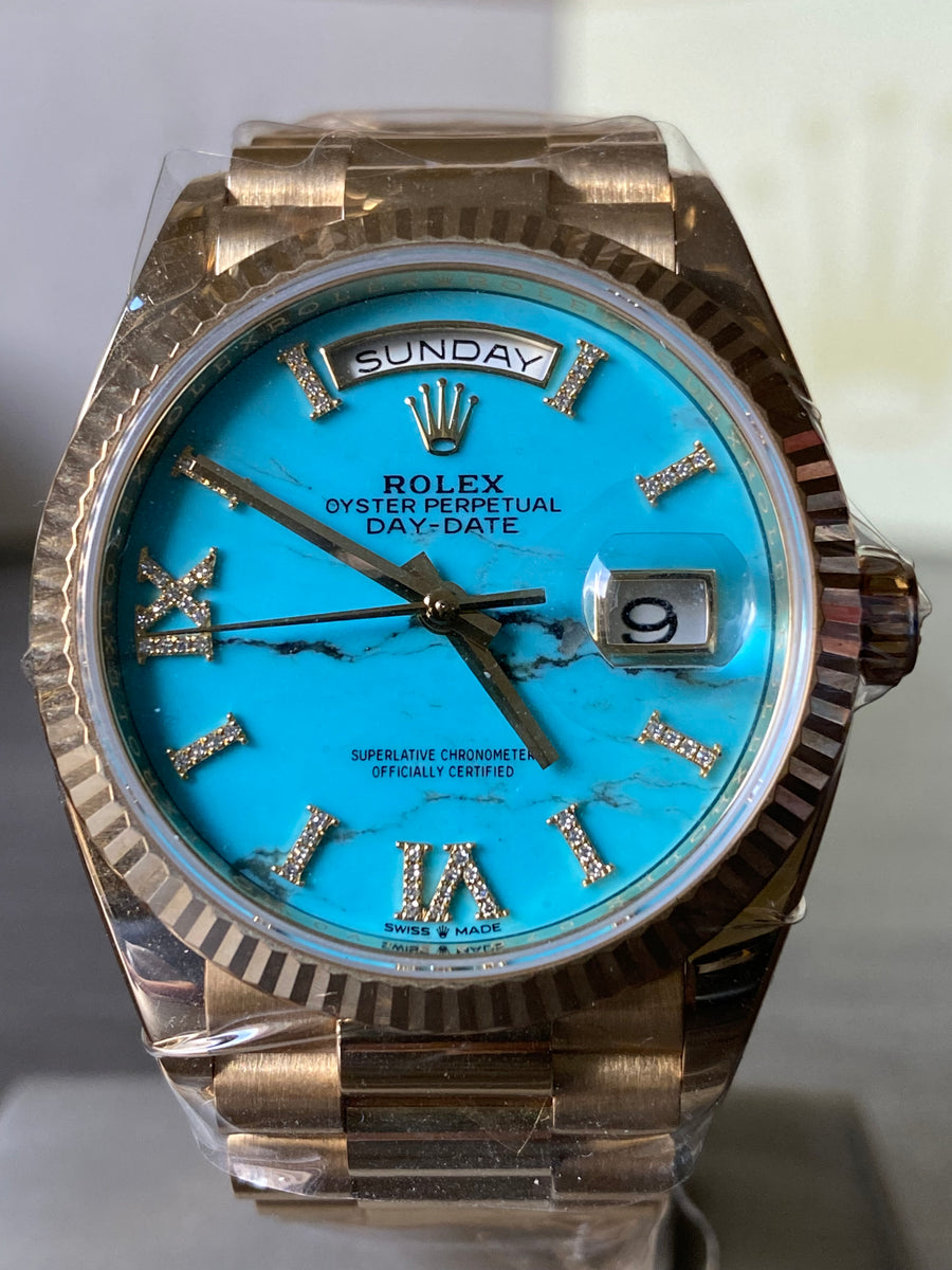 Rolex Yellow Gold Day-Date 36 - 2023 - Turquoise Diamond-Set Dial - Fluted Bezel - President Bracelet - 128238