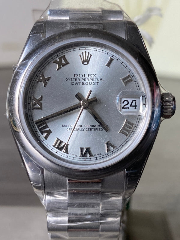Rolex Platinum Datejust 31 - 2022 - Domed Bezel - Silver Roman Roman Dial - President Bracelet - 178246 FULL STICKERS