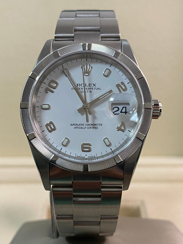 Rolex Steel Oyster Perpetual Date - P serial - Engine Turned Bezel - White Dial - Oyster Bracelet - 15210 *FULL SET*