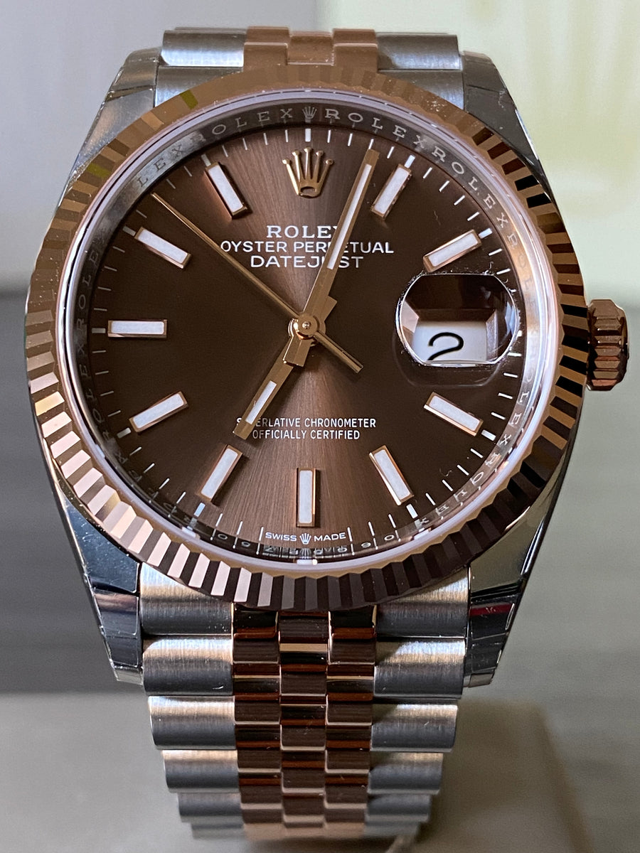 Rolex Steel and Everose Rolesor Datejust 36 - 2023 - Fluted Bezel - Chocolate Index Dial - Jubilee Bracelet - 126231