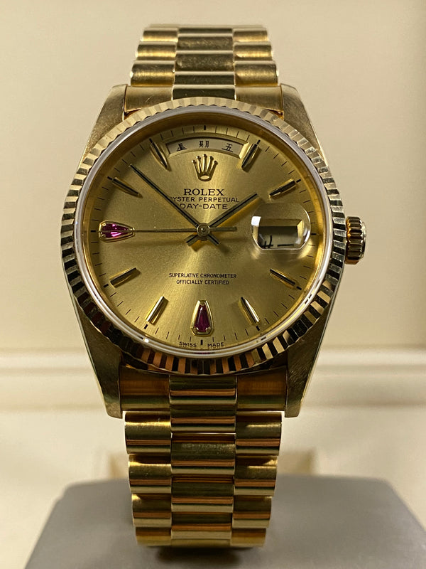 Rolex Day-Date 36 - 1991 - Ruby Tear Drop Dial - Mandarin Day & Date Wheel 18238 *RARE*