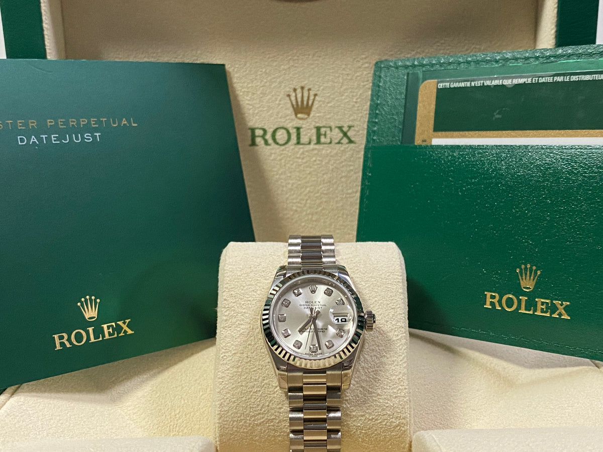 Rolex White Gold Lady-Datejust 26 - Fluted Bezel - Silver Diamond Dial - President Bracelet - 179179