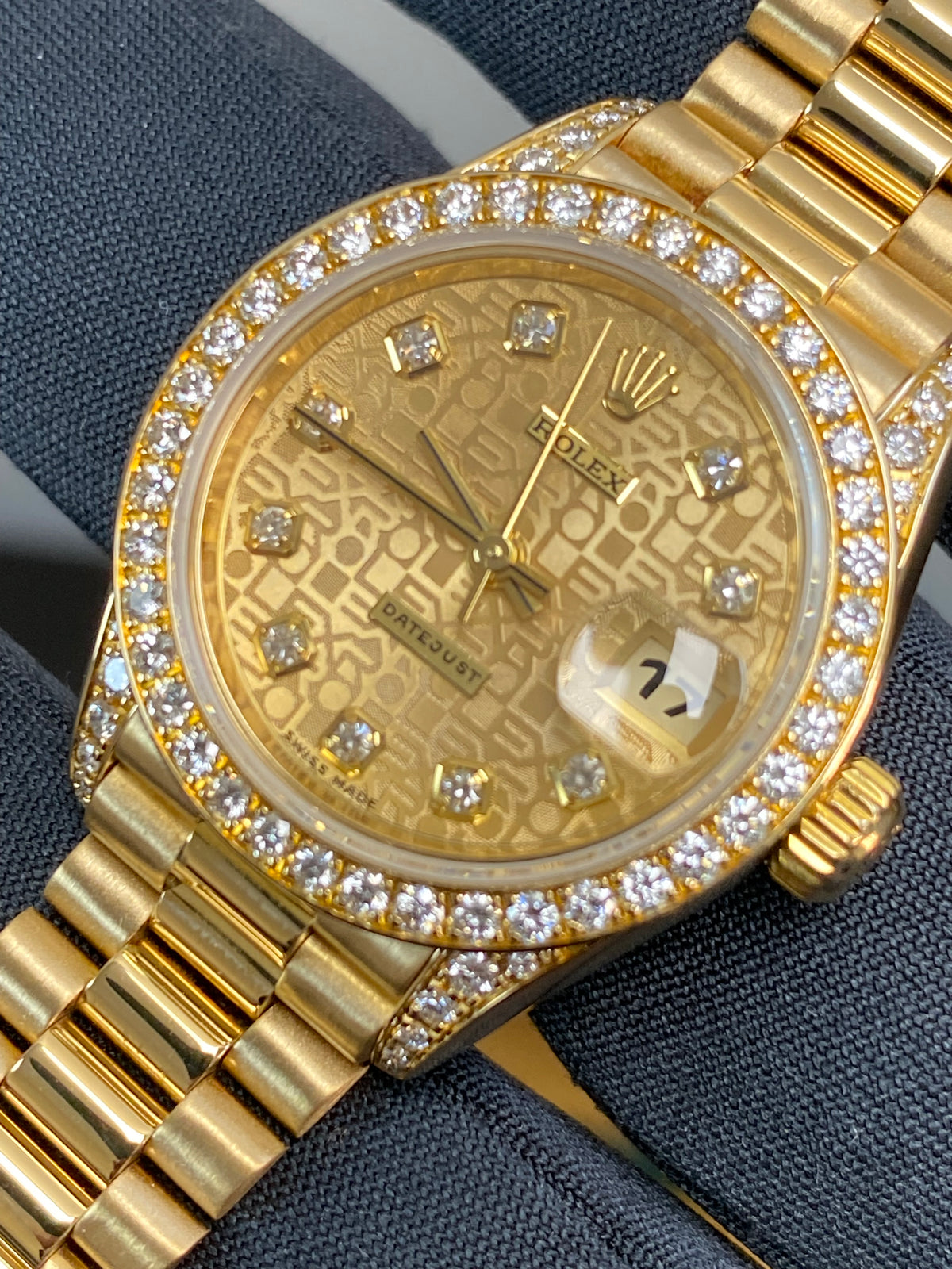 Rolex Yellow Gold Lady-Datejust - 1995 - Diamond Bezel - White Roman Dial - President Bracelet - 69158 "Crown Collection"