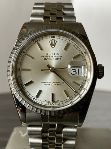 Rolex Steel Datejust 36 - F Serial - Fluted Bezel - Silver Index Dial - Jubilee Bracelet - 16220
