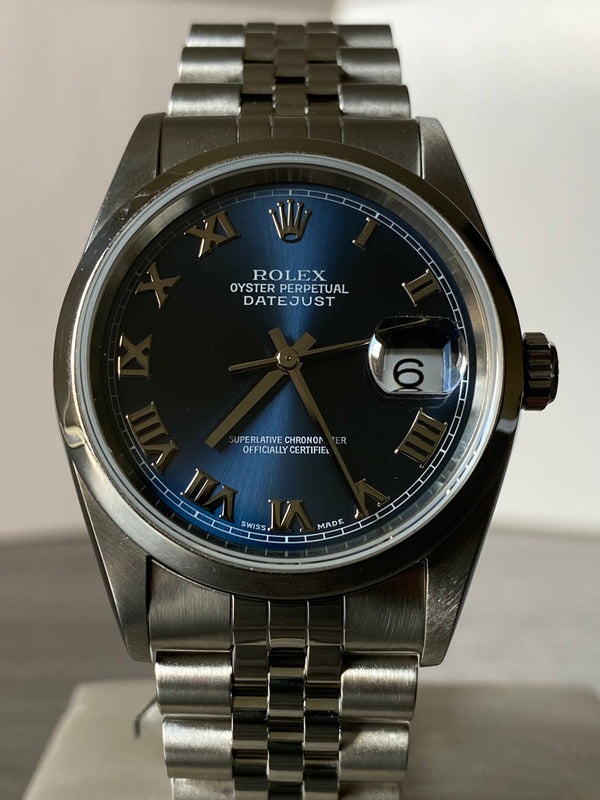 Rolex Steel Datejust 36 - P Serial - Smooth Bezel - Blue Roman Dial - Jubilee Bracelet - 16200