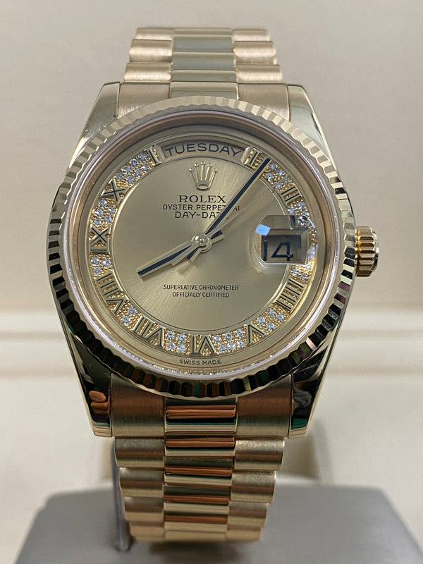 Rolex Yellow Gold Day-Date 36 - 2017 - Fluted Bezel - Myriad Diamond Dial - President Bracelet - 118238 *FULL SET*