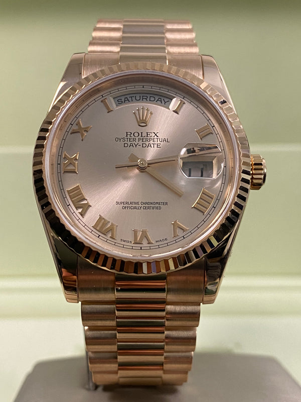Rolex Everose Gold Day-Date 36 - P serial - Fluted Bezel - Pink Roman Dial - President Bracelet - 118235 *FULL SET*