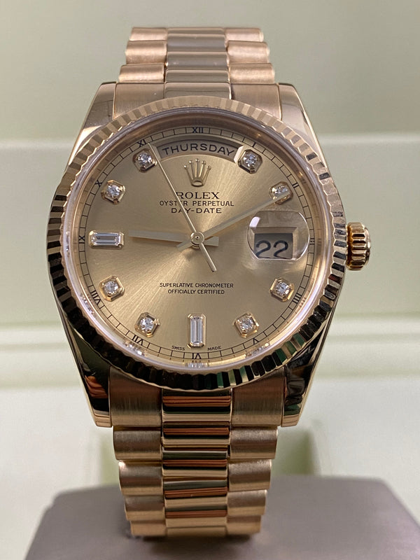 Rolex Yellow Gold Day-Date 36 - P serial - Fluted Bezel - Champagne Diamond Dial - President Bracelet - 118238 *FULL SET*