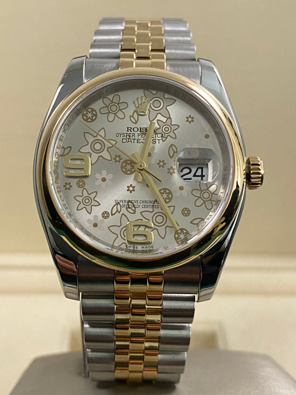 Rolex Steel & Yellow Gold Datejust 36 - 2010 - Domed Bezel - Factory Flower Dial - Jubilee Bracelet - 116203
