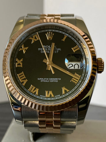 Rolex Steel and Everose Gold Datejust 36 - Fluted Bezel - Black Roman Dial - Jubilee Bracelet - 116231